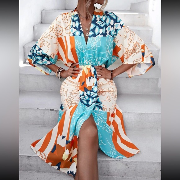 Boho floral print batwing sleeve slit thigh one dress - Picture 6 of 6